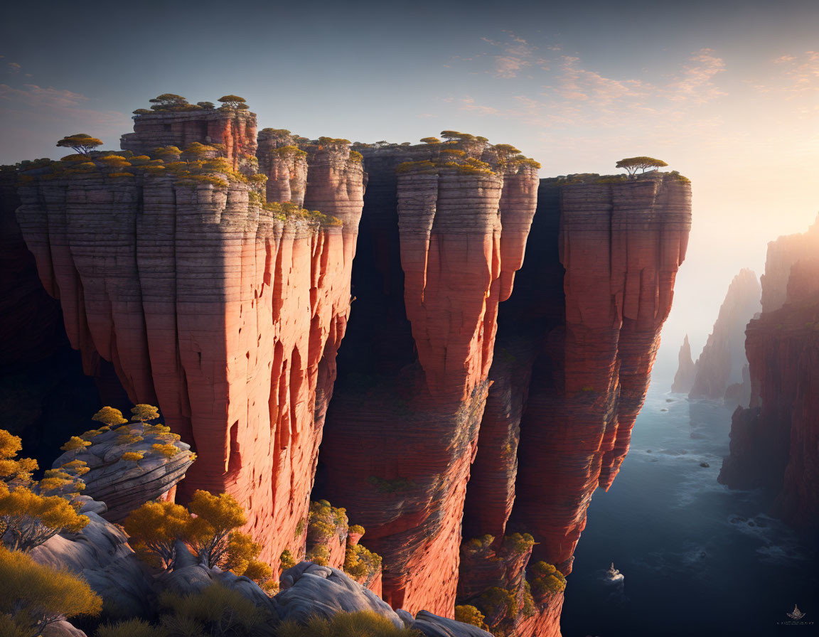 Majestic red rock formations with trees in canyon under warm light