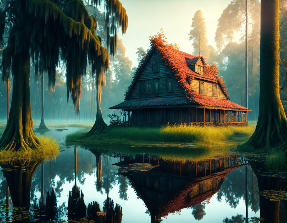 Old Wooden House with Red Roof by Tranquil Lake and Moss-Draped Trees