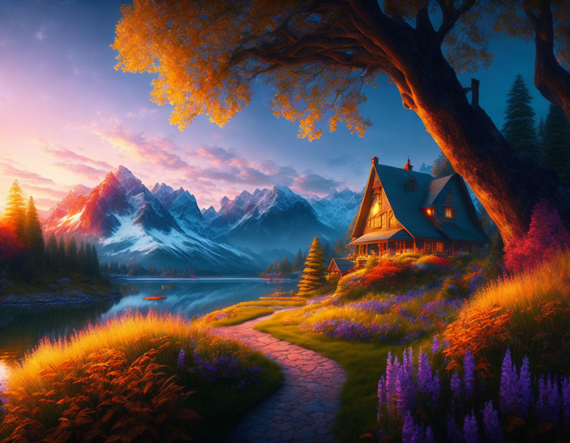 Scenic landscape with cozy house by lake, vibrant flowers, mountains at sunset