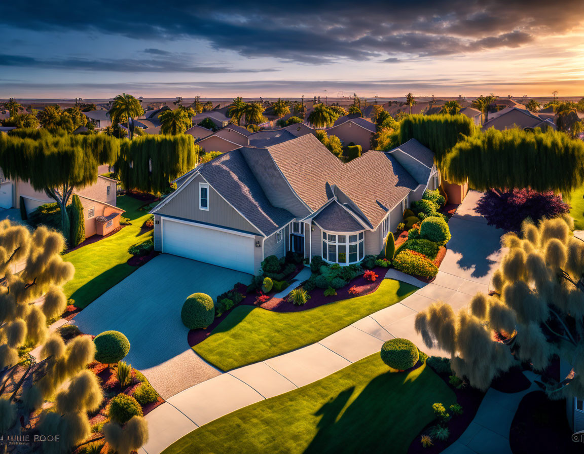 Spacious suburban house with large driveway and ocean view at sunset