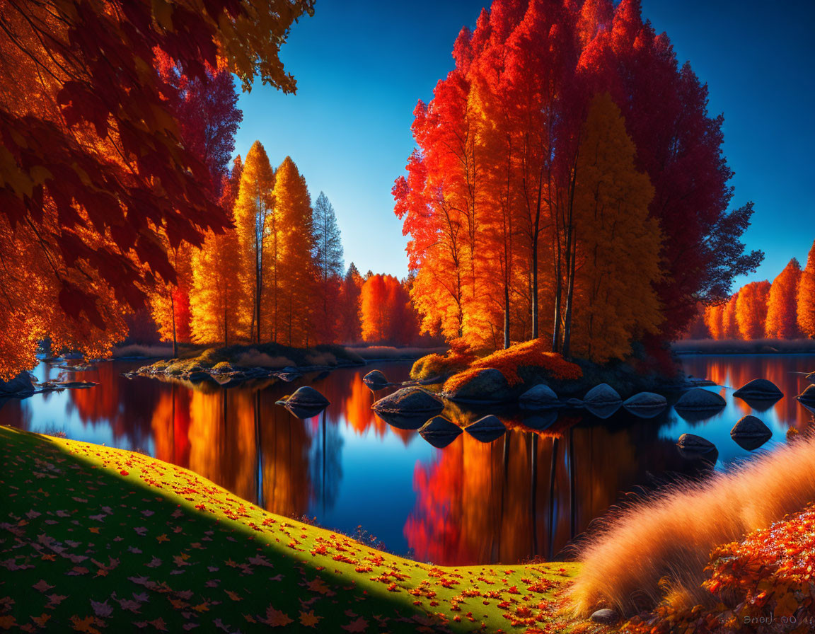 Serene lake in autumn with red and gold foliage