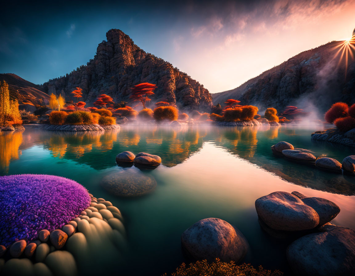 Tranquil lake with vibrant foliage, rocks, and sunset rays