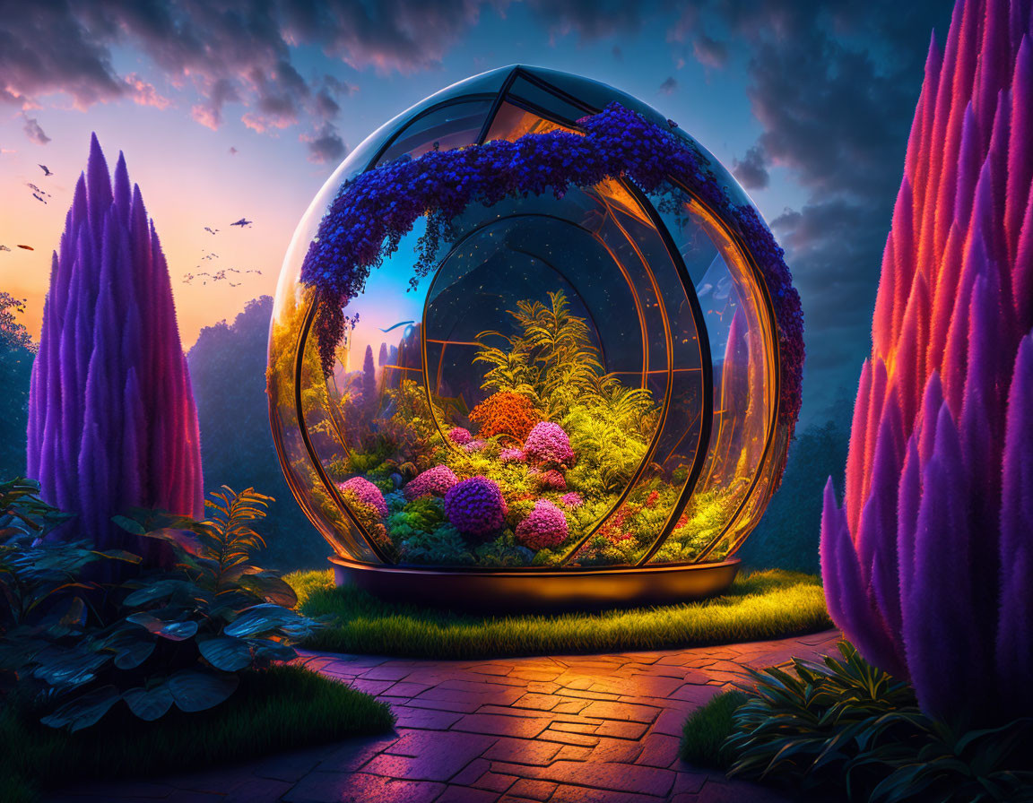 Futuristic glass dome with lush plants and purple foliage under twilight sky