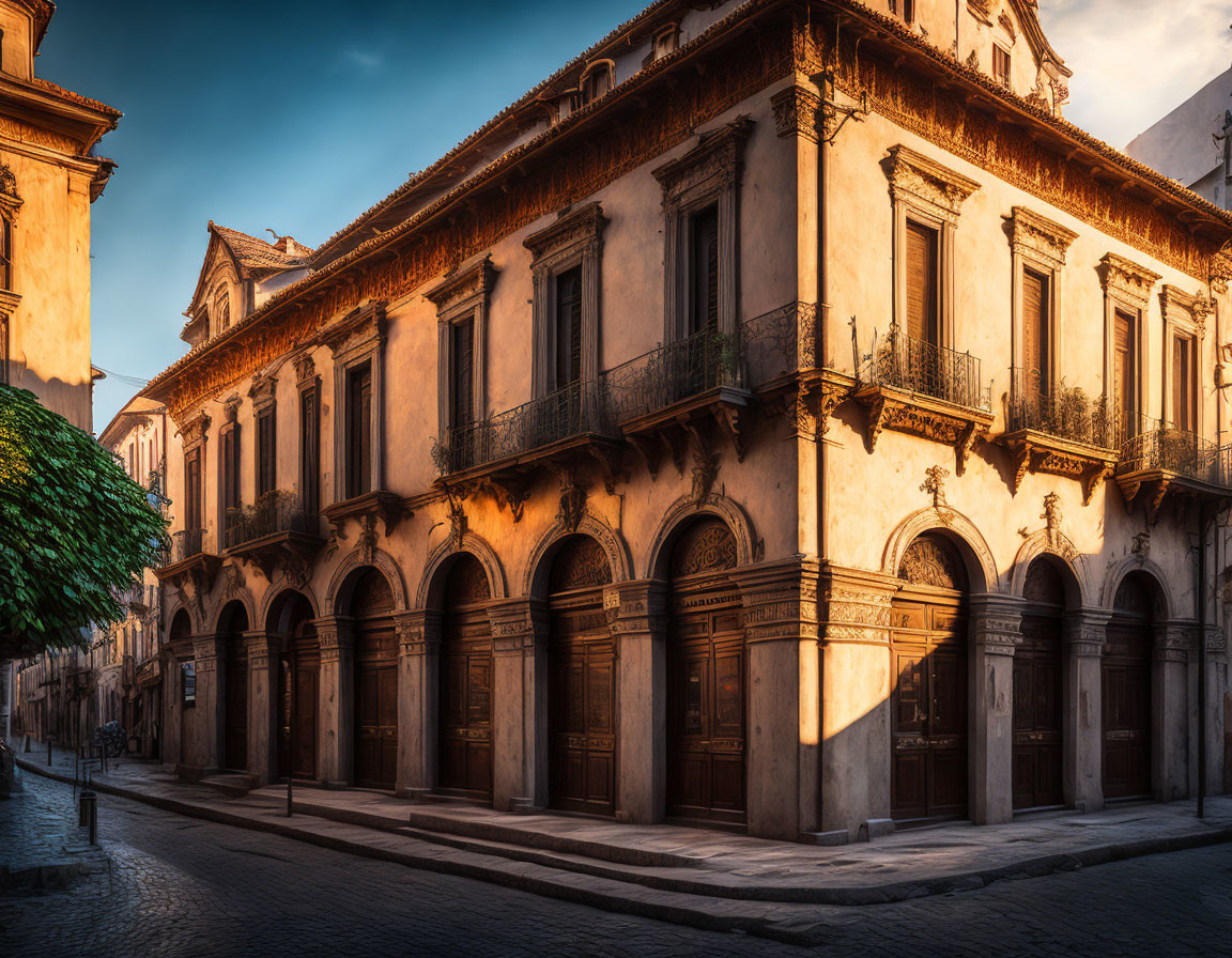 Historic European street: classic architecture, cobblestones, arched doorways