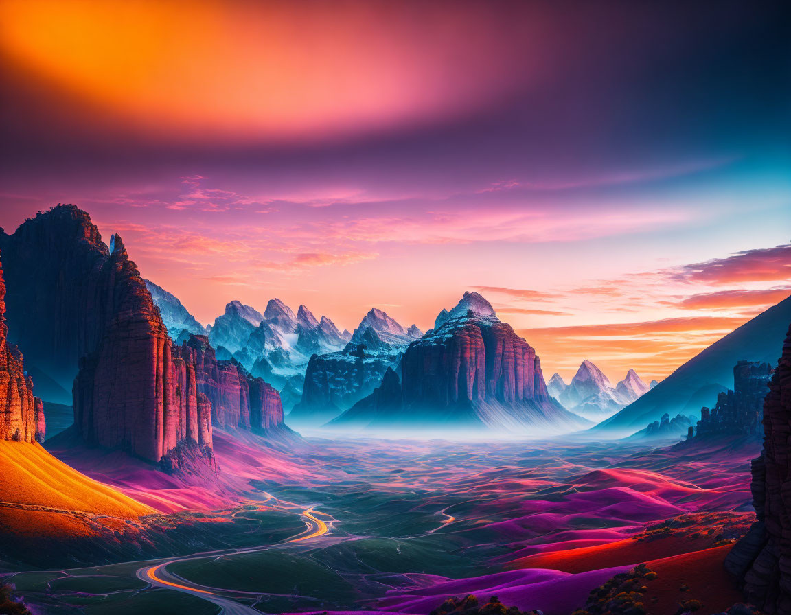 Scenic landscape with mountains, roads, purple fields, and colorful sunset