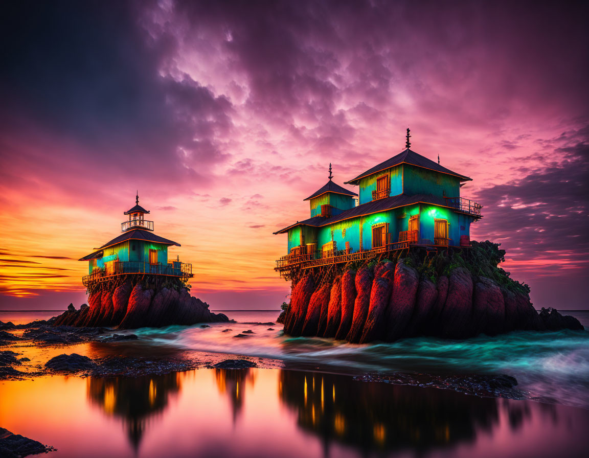 Traditional houses on rocky outcrops under vibrant sunset sky by the sea