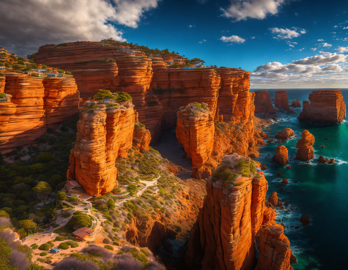 Red Sandstone Cliffs Over Turquoise Sea and Greenery