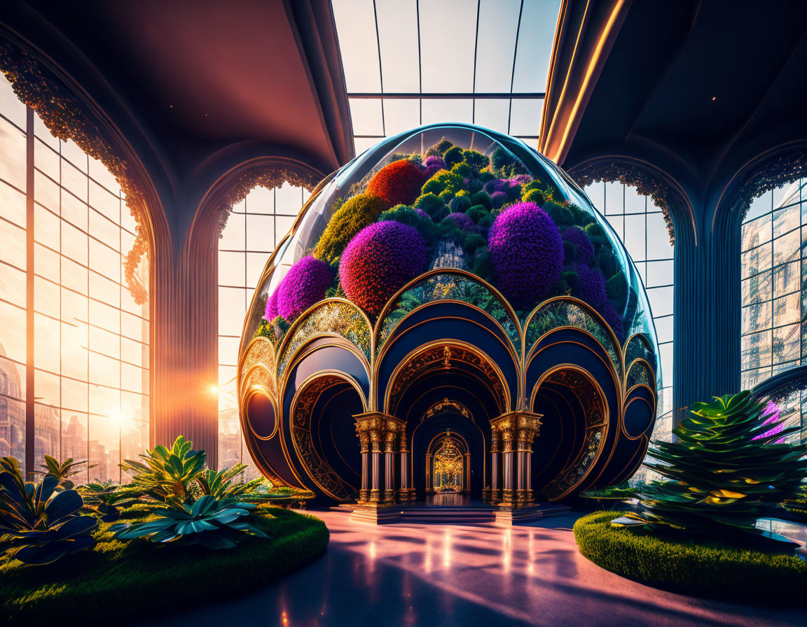 Colorful Egg-Shaped Structure with Floral Decor in Sunlit Room