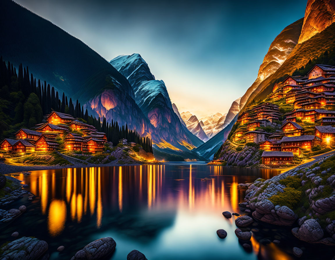 Scenic Alpine village with illuminated buildings and mountains reflected in lake at dusk