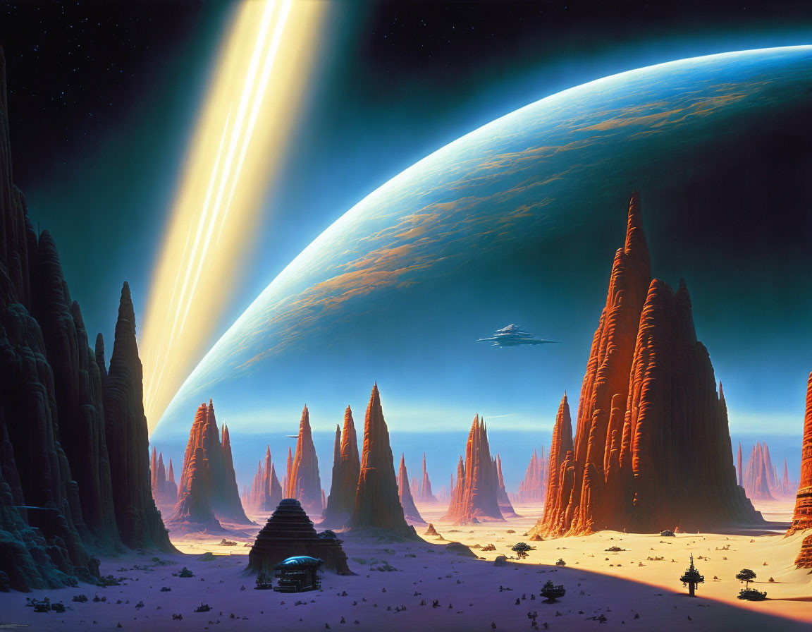 Sci-fi landscape with rocky spires, small structure, and vehicles under vast sky