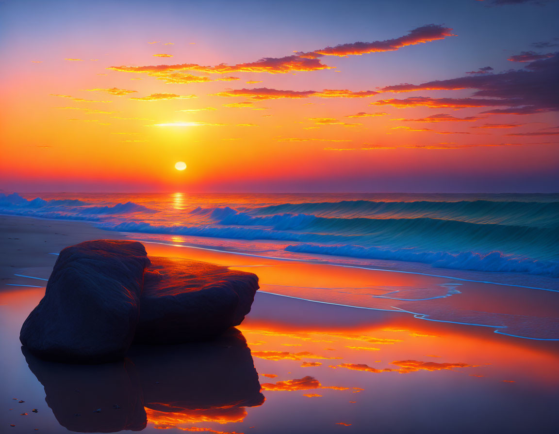 Vivid Ocean Sunset with Orange Skies and Solitary Rock