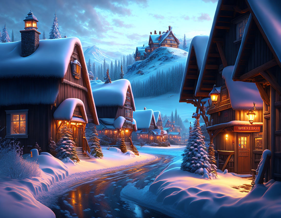 Snow-covered winter village at dusk with glowing windows and winding road.