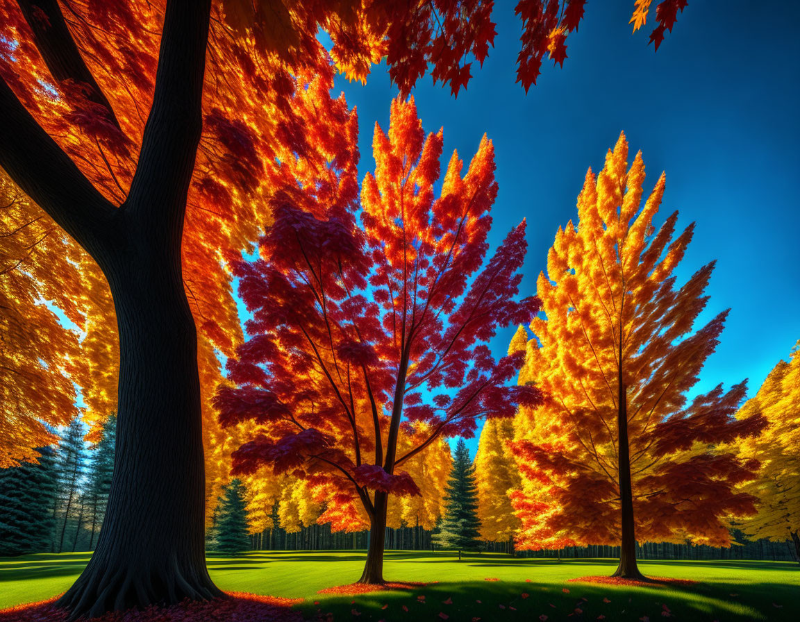 Colorful autumn trees against blue sky and shadows on lawn