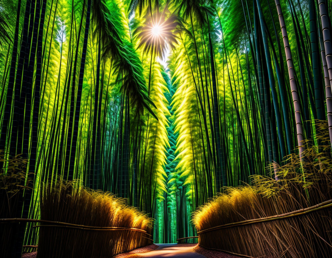 Lush Bamboo Forest Path with Sunburst and Wooden Fence