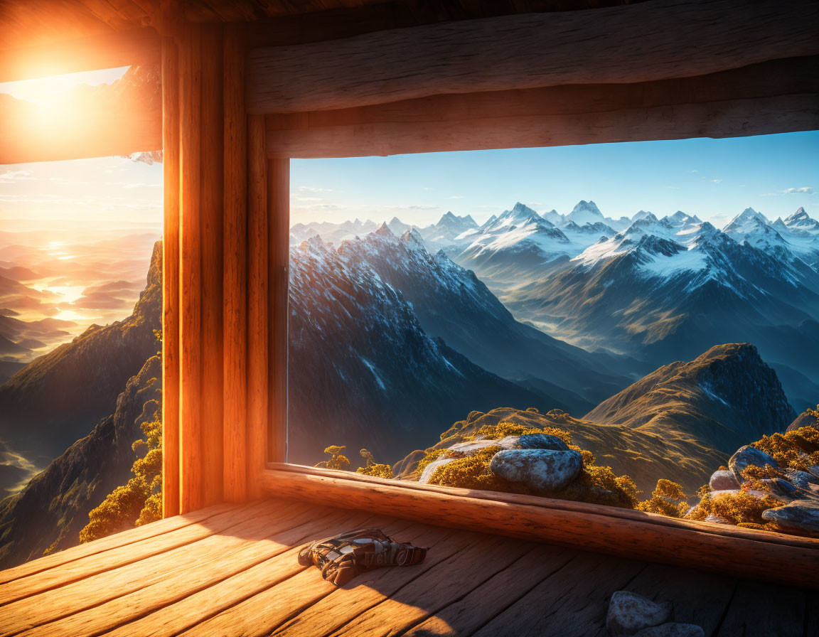 Mountain Range Sunrise View from Wooden Cabin Window with Binoculars