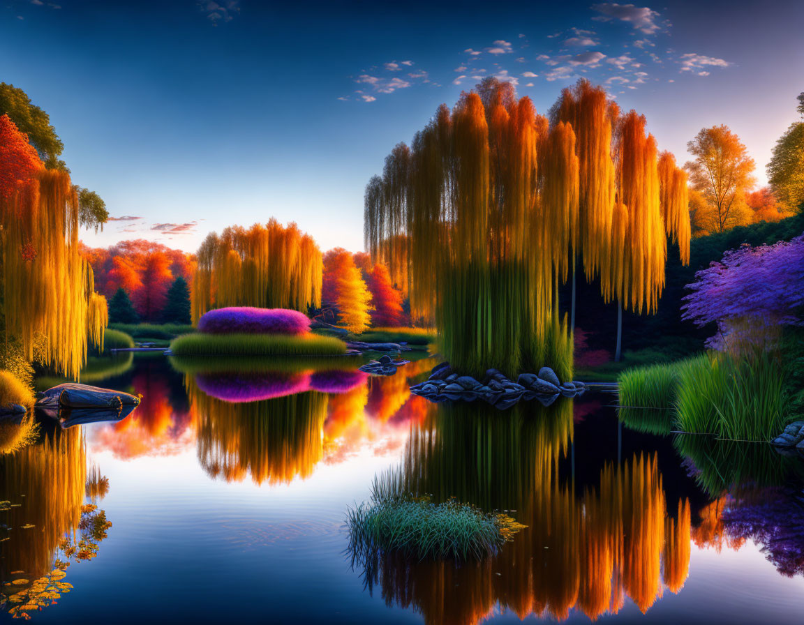 Colorful Trees Reflecting in Calm Lake at Twilight