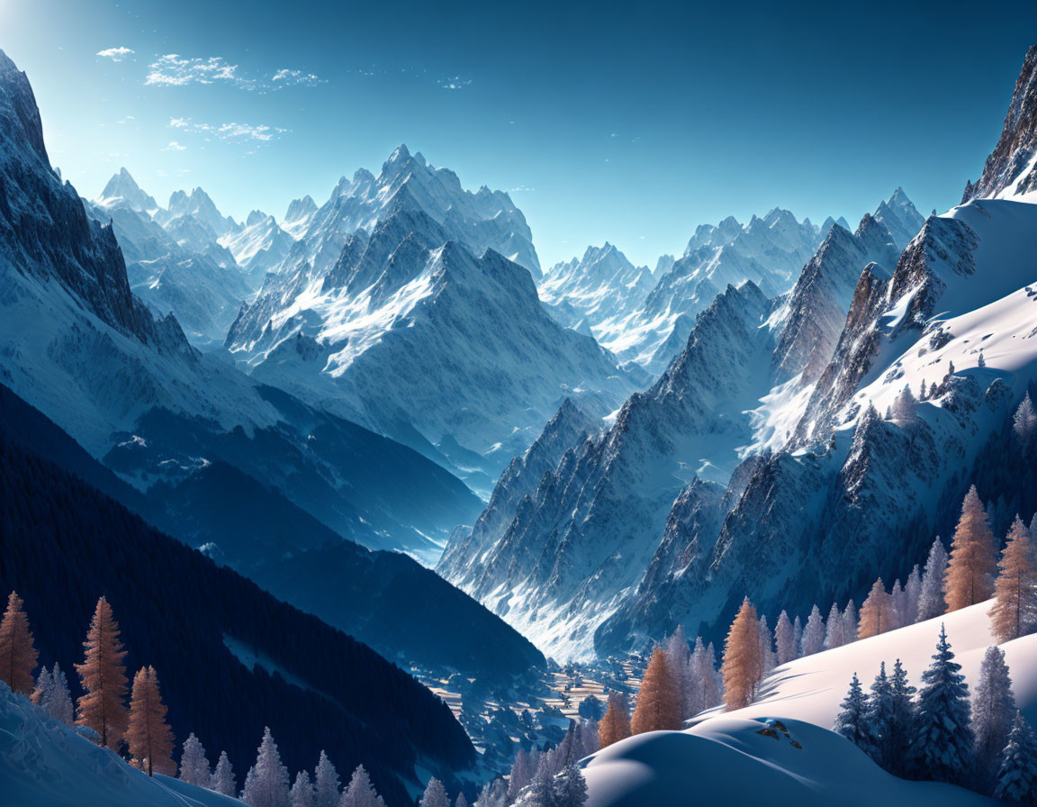 Majestic Snow-Covered Mountains in Winter Scene