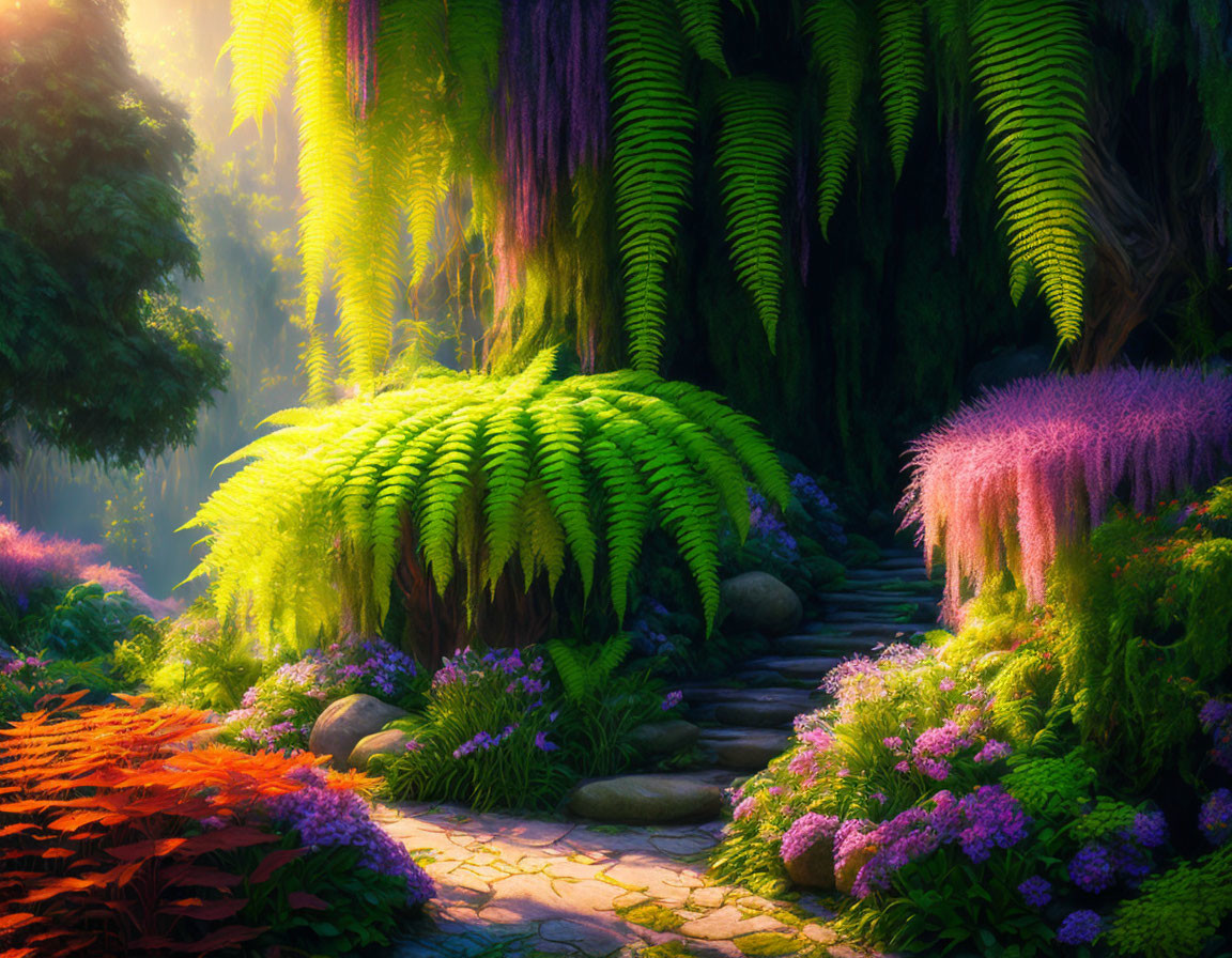 Sunlit mystical garden with stone pathway and colorful flora