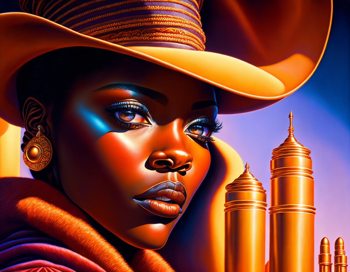 Colorful artwork: Woman with striking makeup and hat, golden towers in warm palette