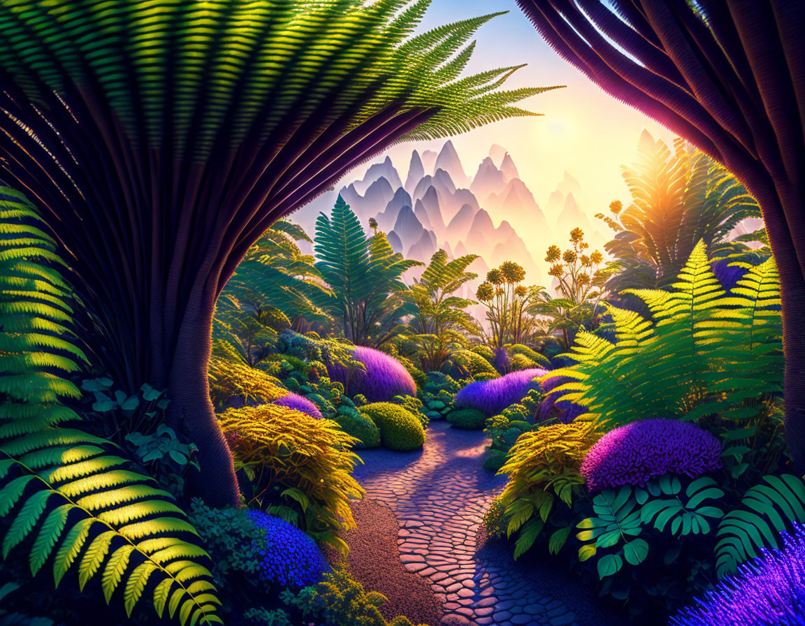 Vibrant ferns in fantasy garden with misty mountain backdrop