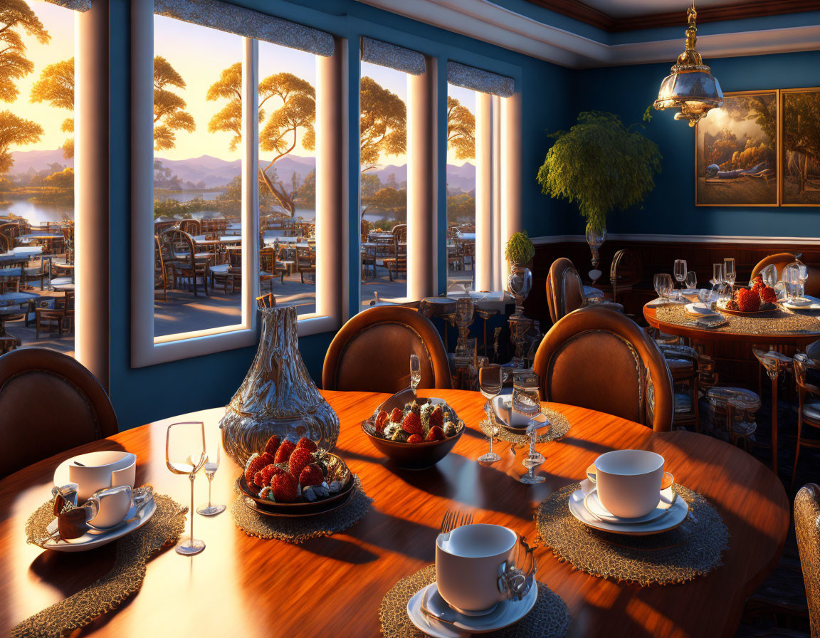 Elegant sunset dining room with coastal view and set table