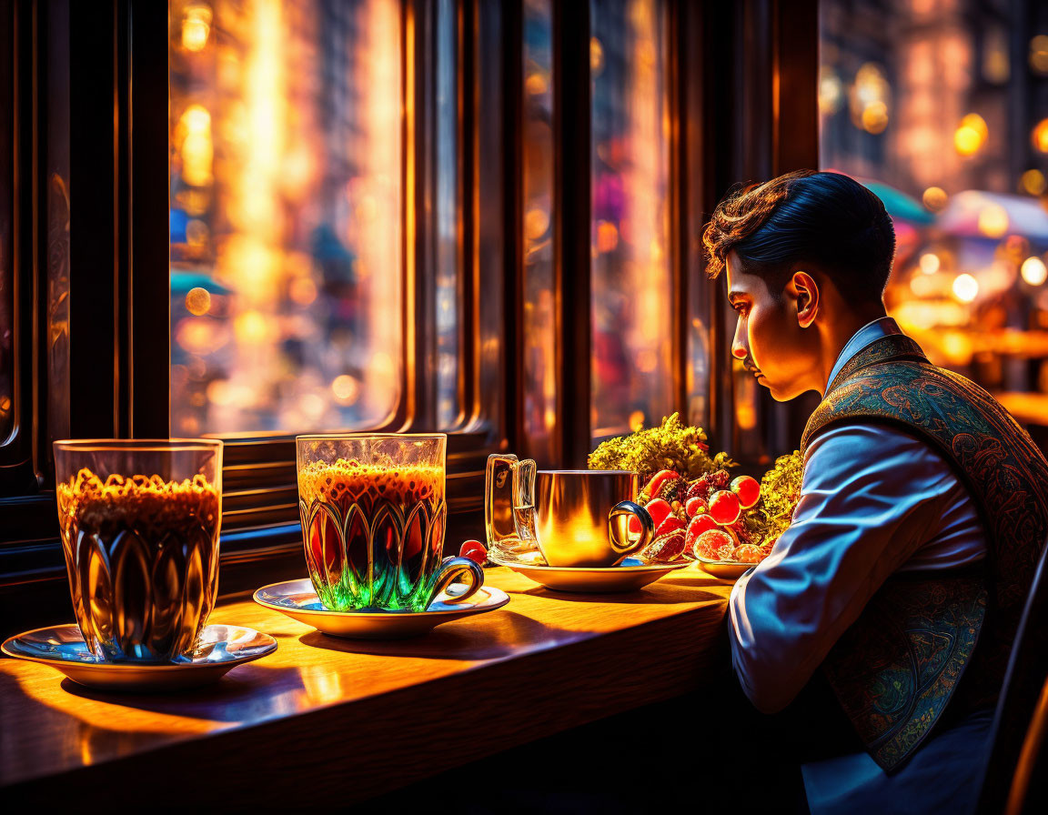 Person sitting at bar with city lights, drinks, and food plate on counter