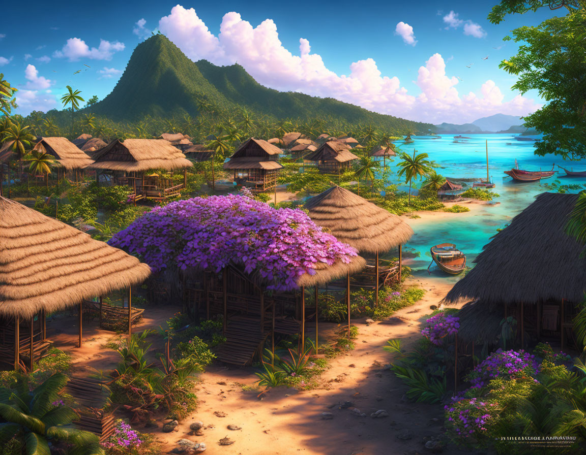 Tropical Beach Village: Thatched Huts, Lush Flora, Clear Blue Sky