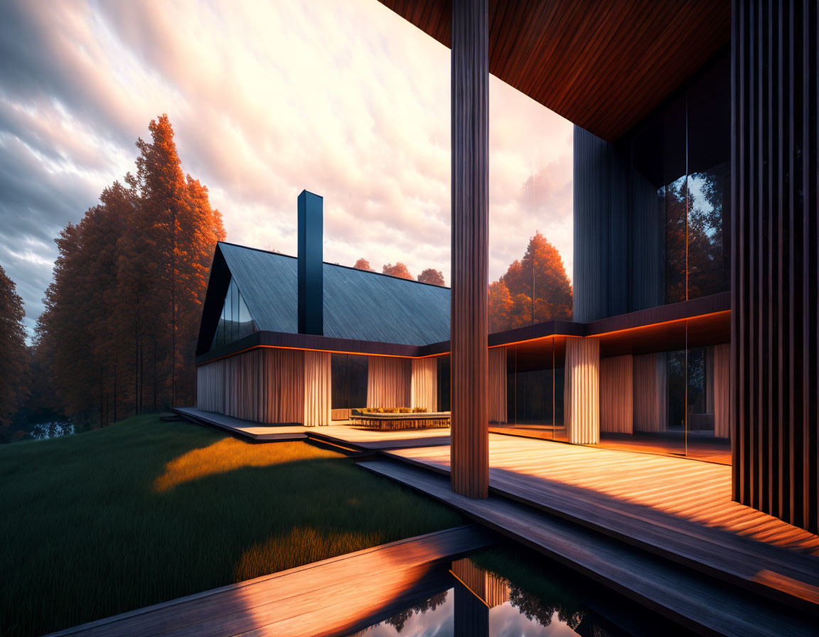 Contemporary house with panoramic windows by tranquil pond at sunset.