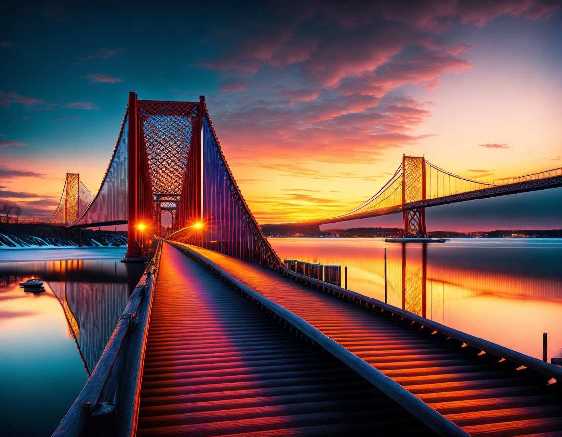 Vibrant sunrise with orange and blue skies reflecting on symmetrical suspension bridge.