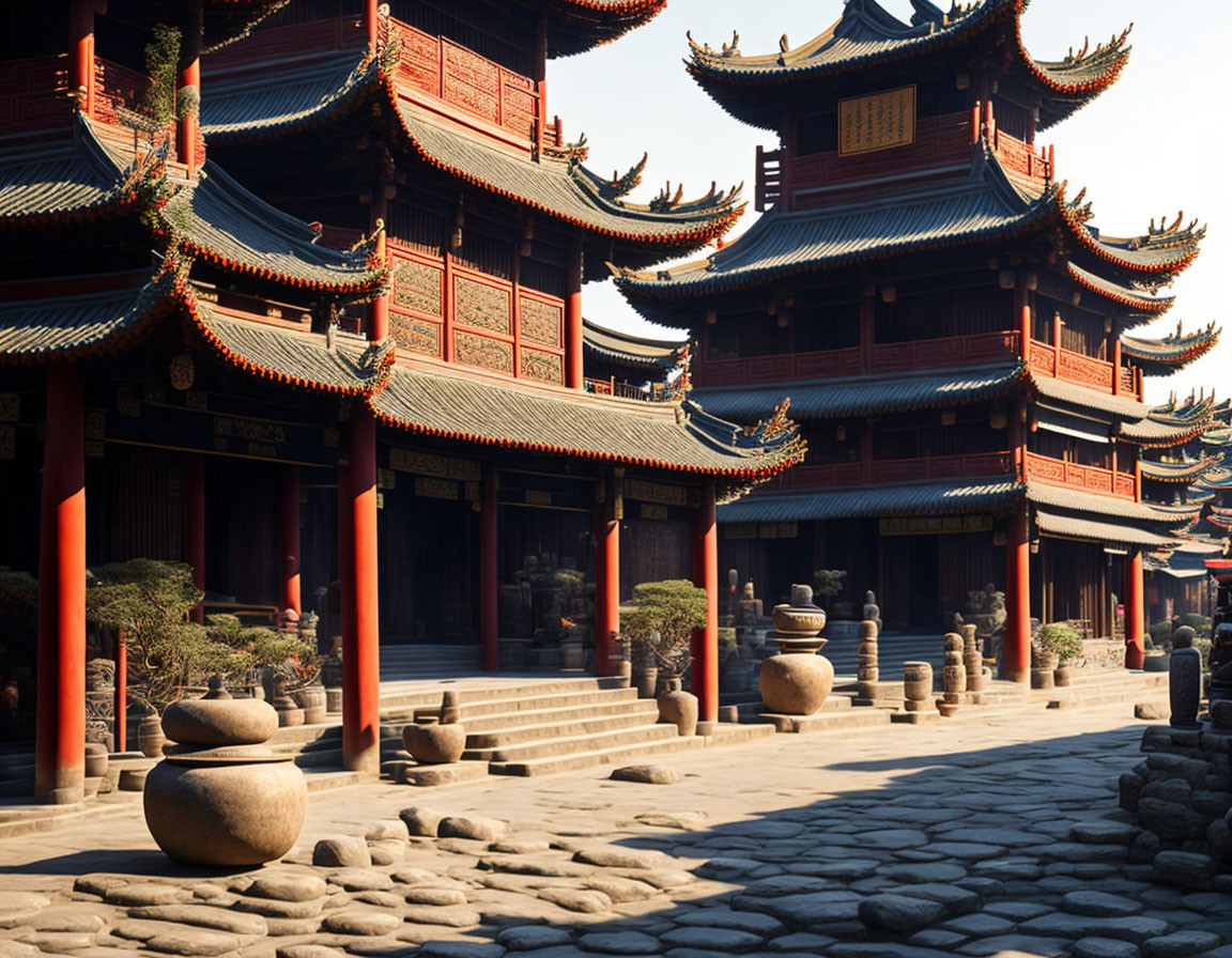 Tiered Pagoda Roofs and Red Lanterns in Traditional Chinese Architecture