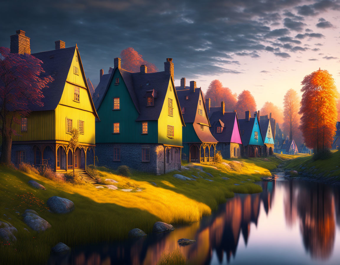 Picturesque village with colorful houses by river at sunset