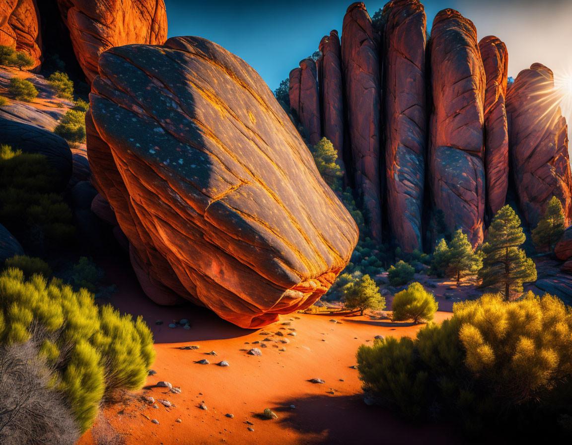 Prominent striped boulder in desert landscape with sandstone formations