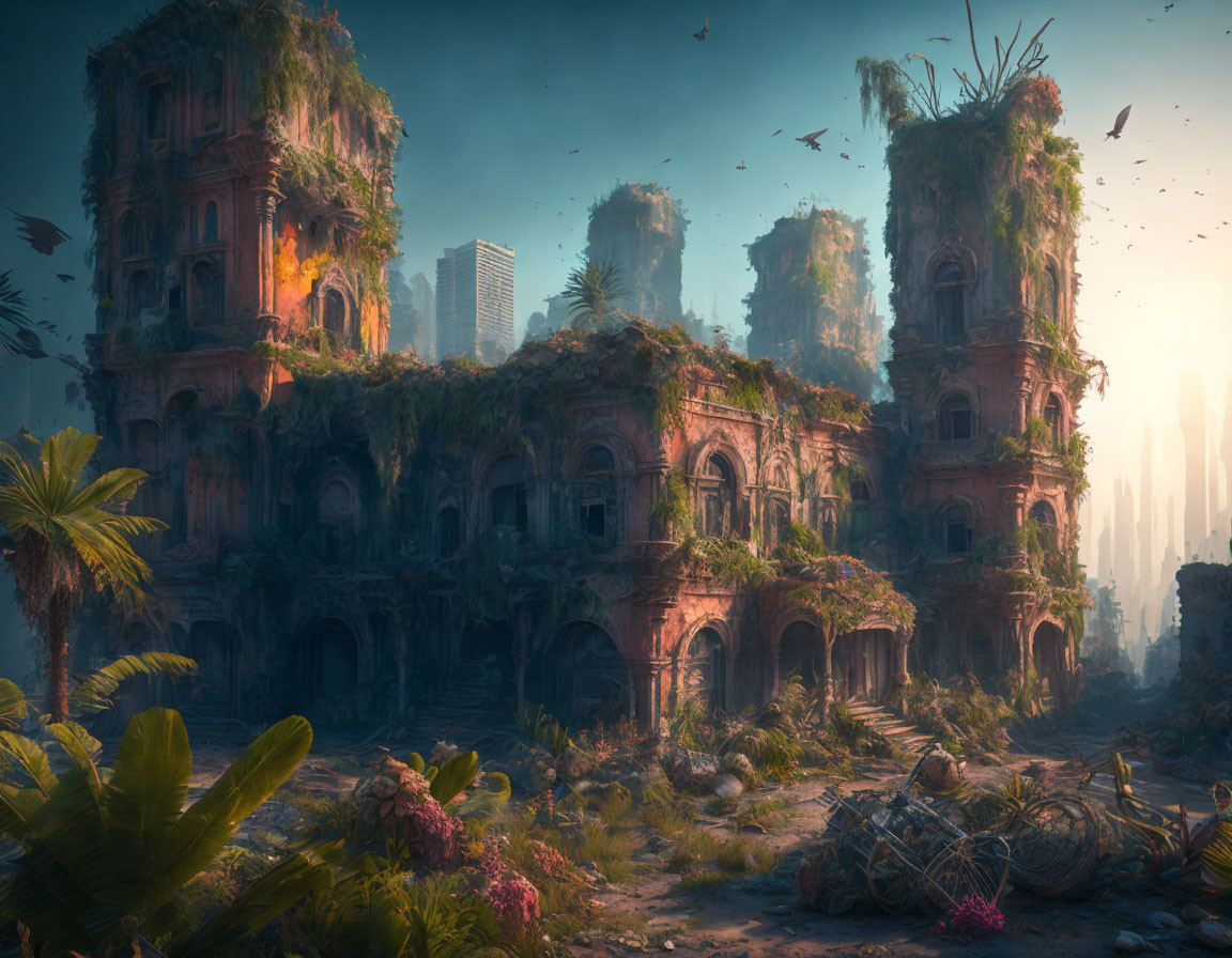 Overgrown ancient ruins in misty futuristic cityscape