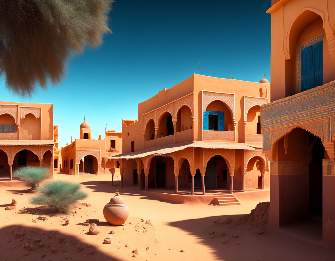 Traditional earthen architecture in tranquil desert town.