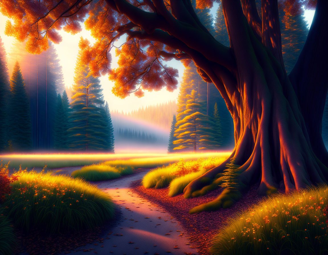 Fantastical forest path with golden light and misty landscape