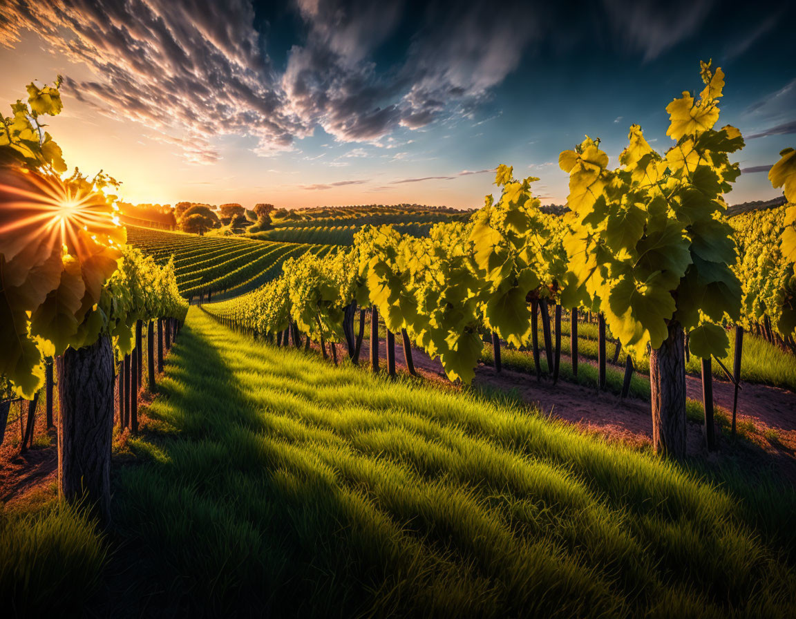 Vibrant green grapevines in golden sunset at lush vineyard