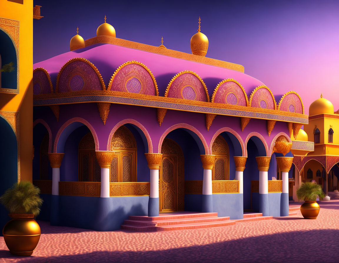 Fantastical Arabian palace digital artwork with purple and gold details