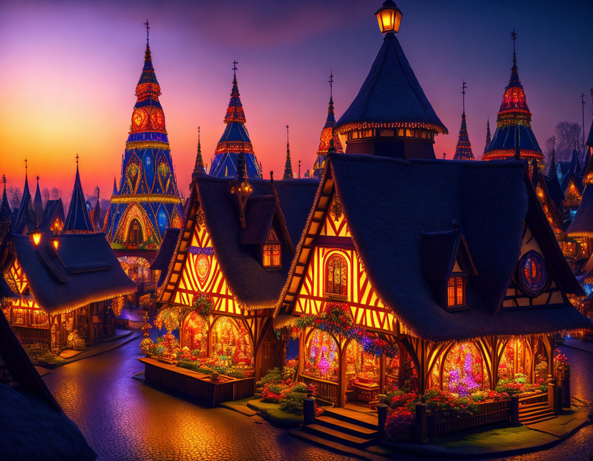 Fantastical village with illuminated buildings at twilight