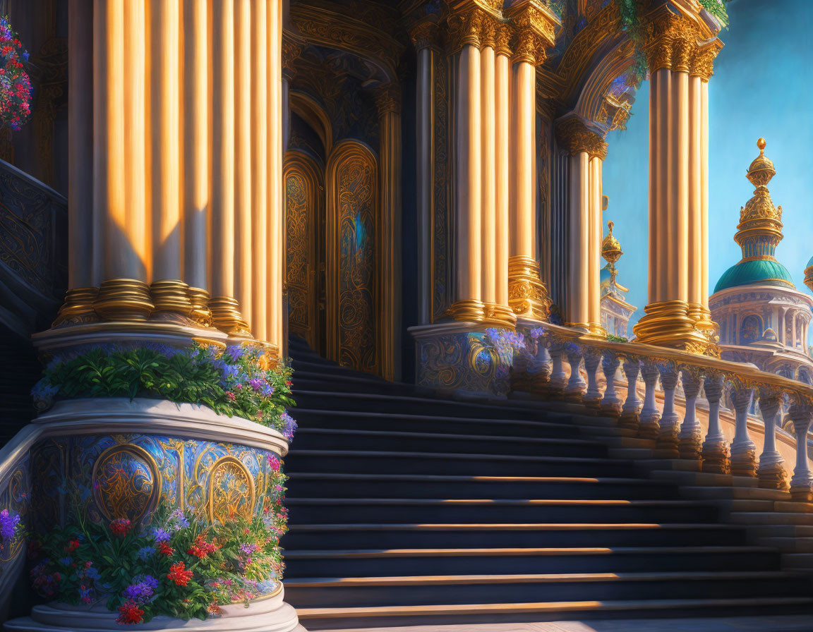 Opulent staircase with gilded columns and vibrant flowers at sunset