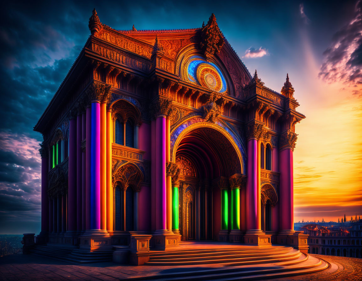 Neoclassical building with vibrant neon lights at sunset