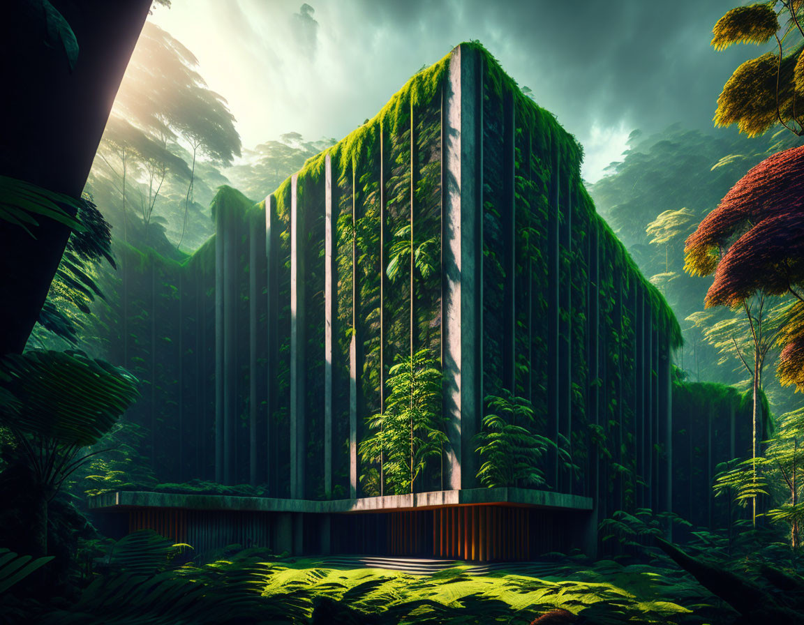 Futuristic building with vertical gardens in lush forest setting