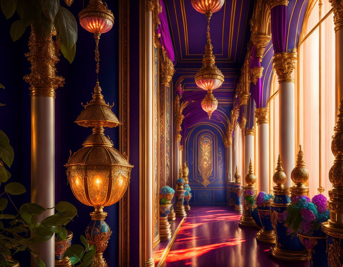 Luxurious interior hallway with golden lanterns, purple walls, gilded columns, and ornate ceiling