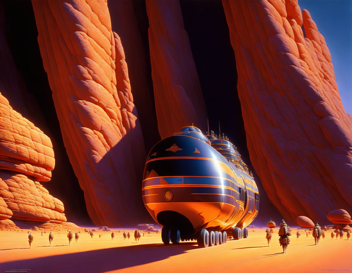 Futuristic spacecraft in desert with red rock formations and explorers on foot