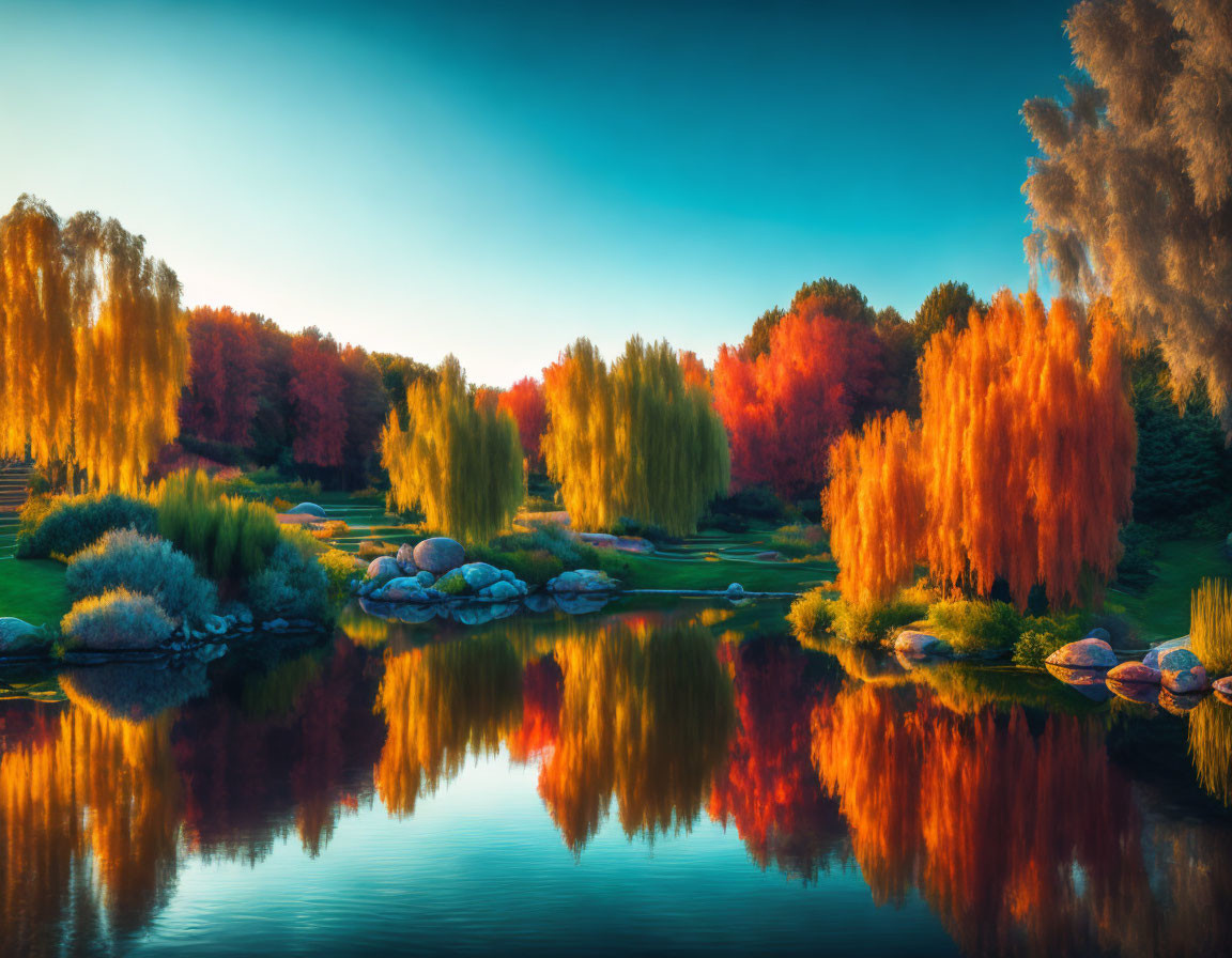 Colorful Autumn Trees Reflecting in Calm Lake Under Blue Sky