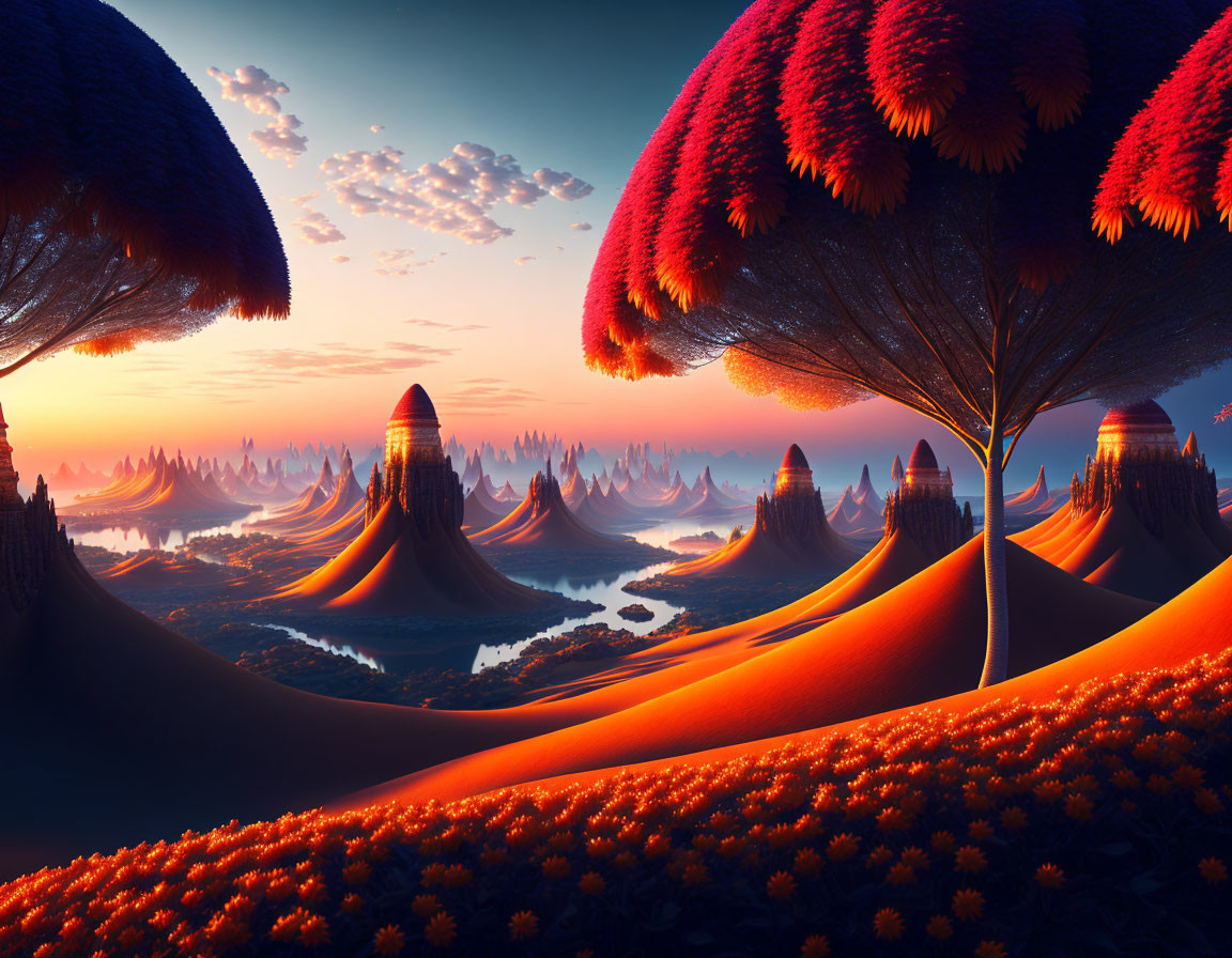 Fantastical dusk landscape with mushroom trees, rolling hills, and winding river