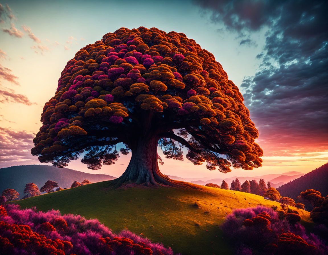 Majestic tree with lush canopy on hill at sunrise or sunset