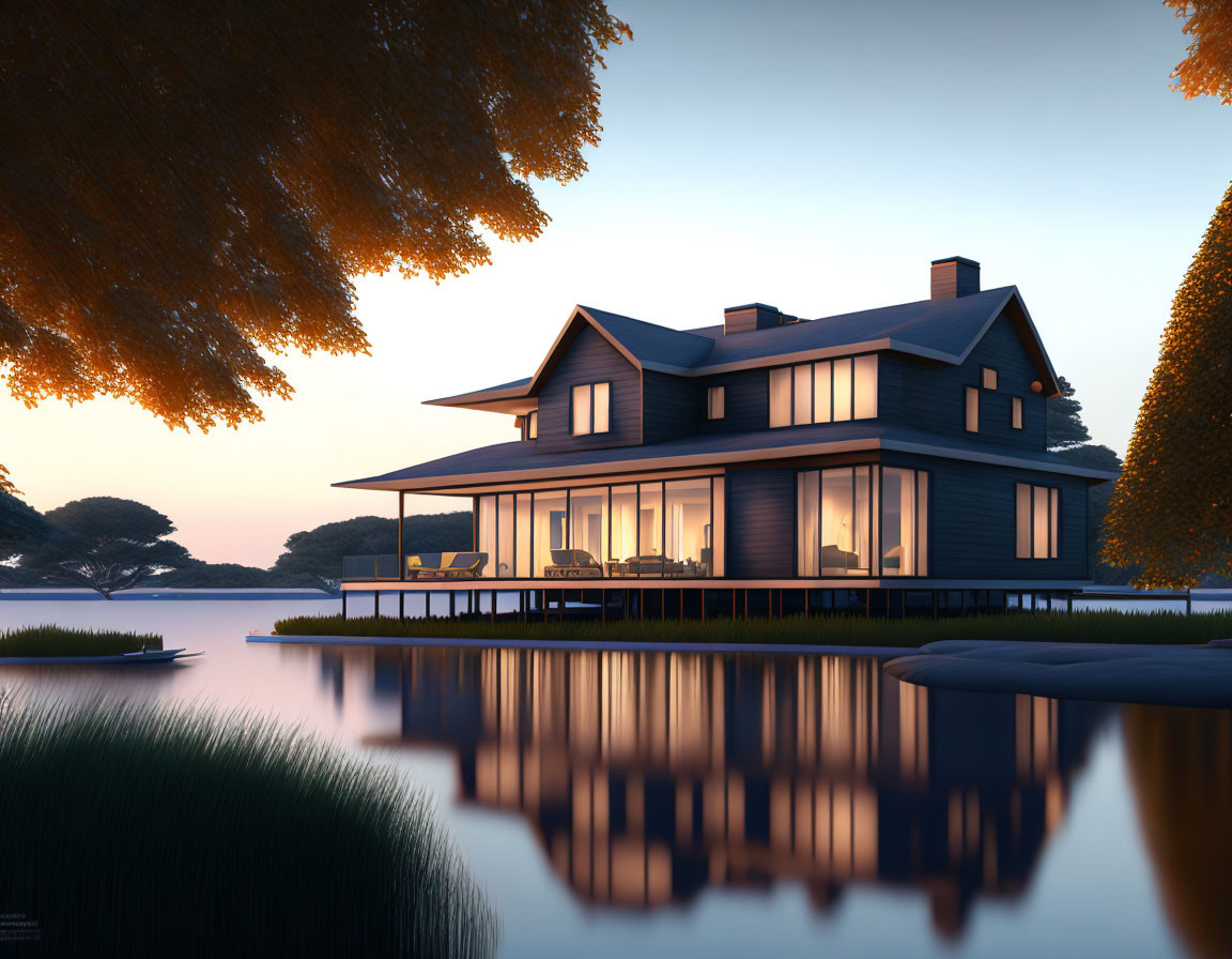 Two-story house by calm lake: sunset, trees, water reflection, warm interior.