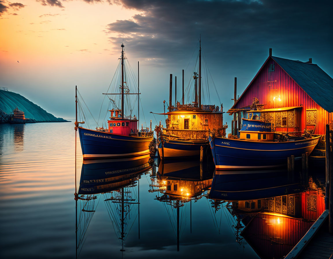 Tranquil harbor scene with moored boats and red wooden house at twilight