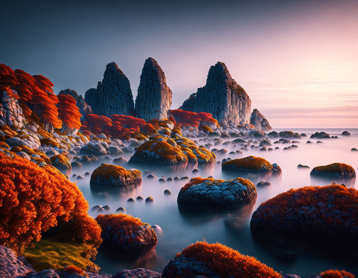 Tranquil coastal scene with moss-covered rocks and orange foliage