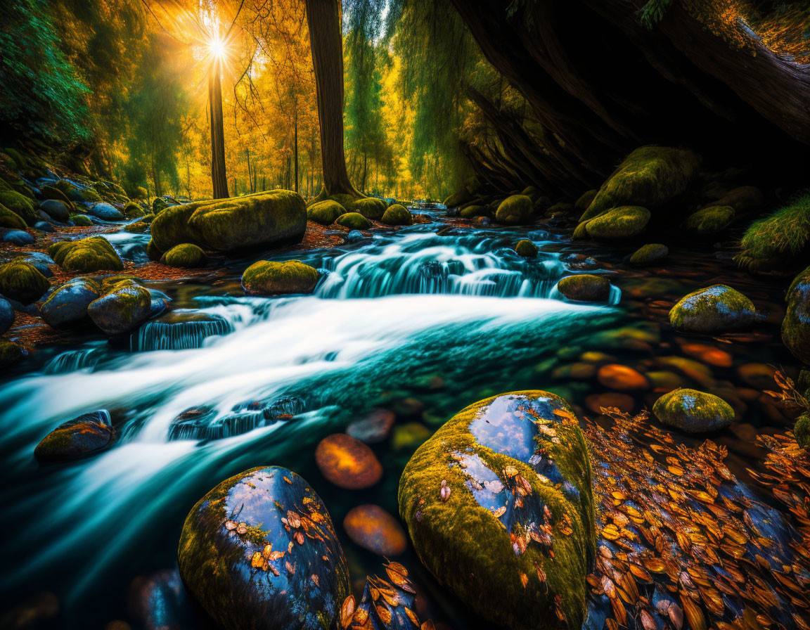 Tranquil forest stream with sunlight filtering through trees